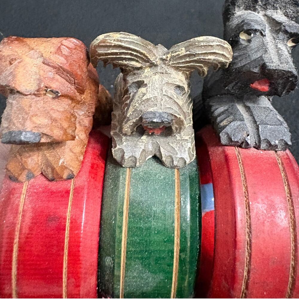 3 Vintage Dog Hand Carved Napkin Rings